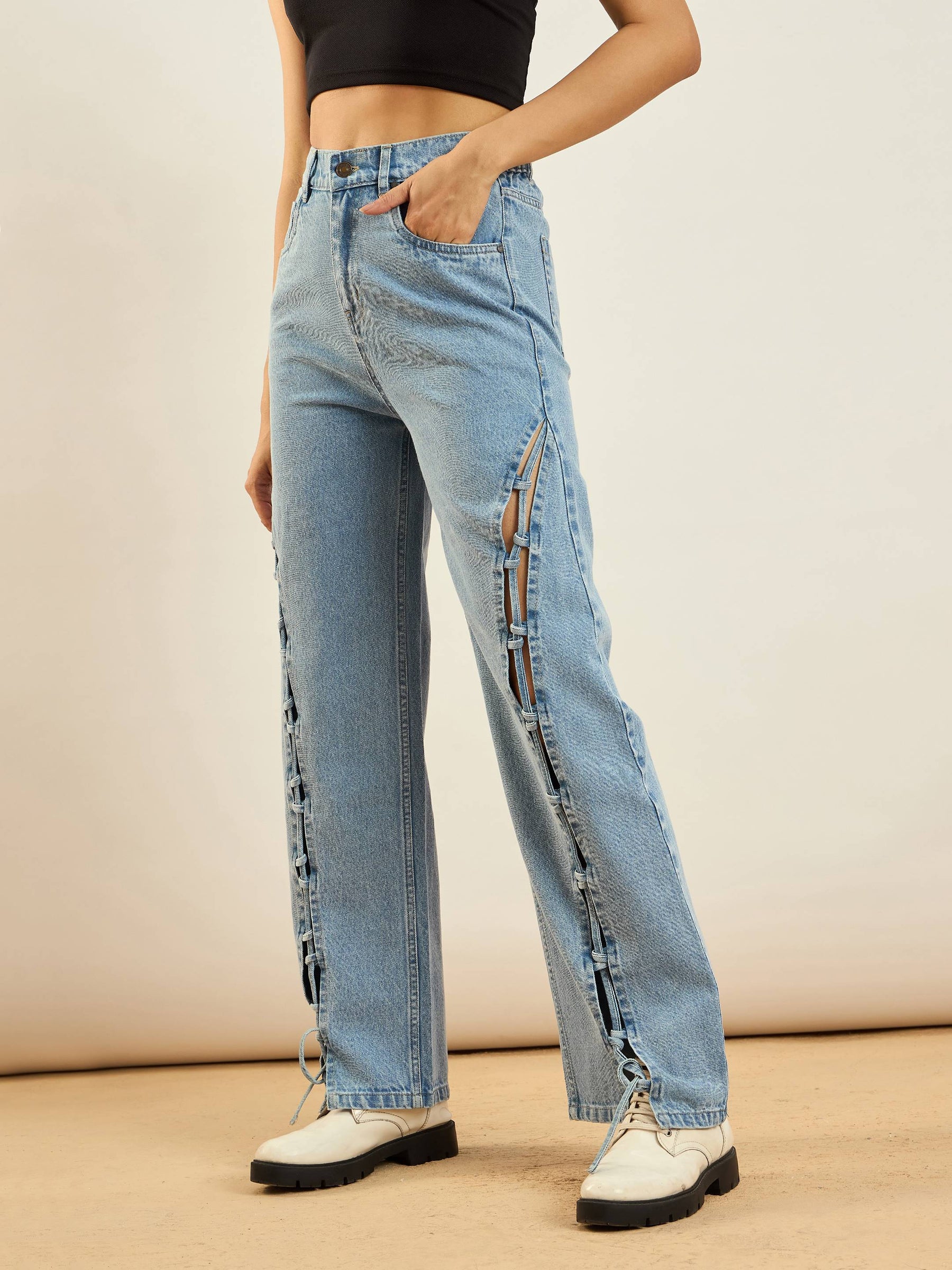 Ice Blue Dori Insert Detail Straight Fit Jeans -SASSAFRAS
