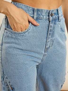 Ice Blue Dori Insert Detail Straight Fit Jeans -SASSAFRAS