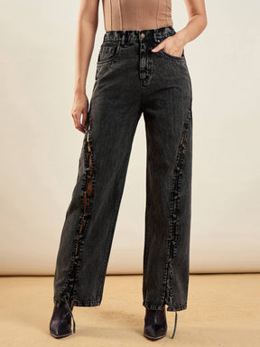 Black Washed Dori Insert Detail Straight Fit Jeans -SASSAFRAS