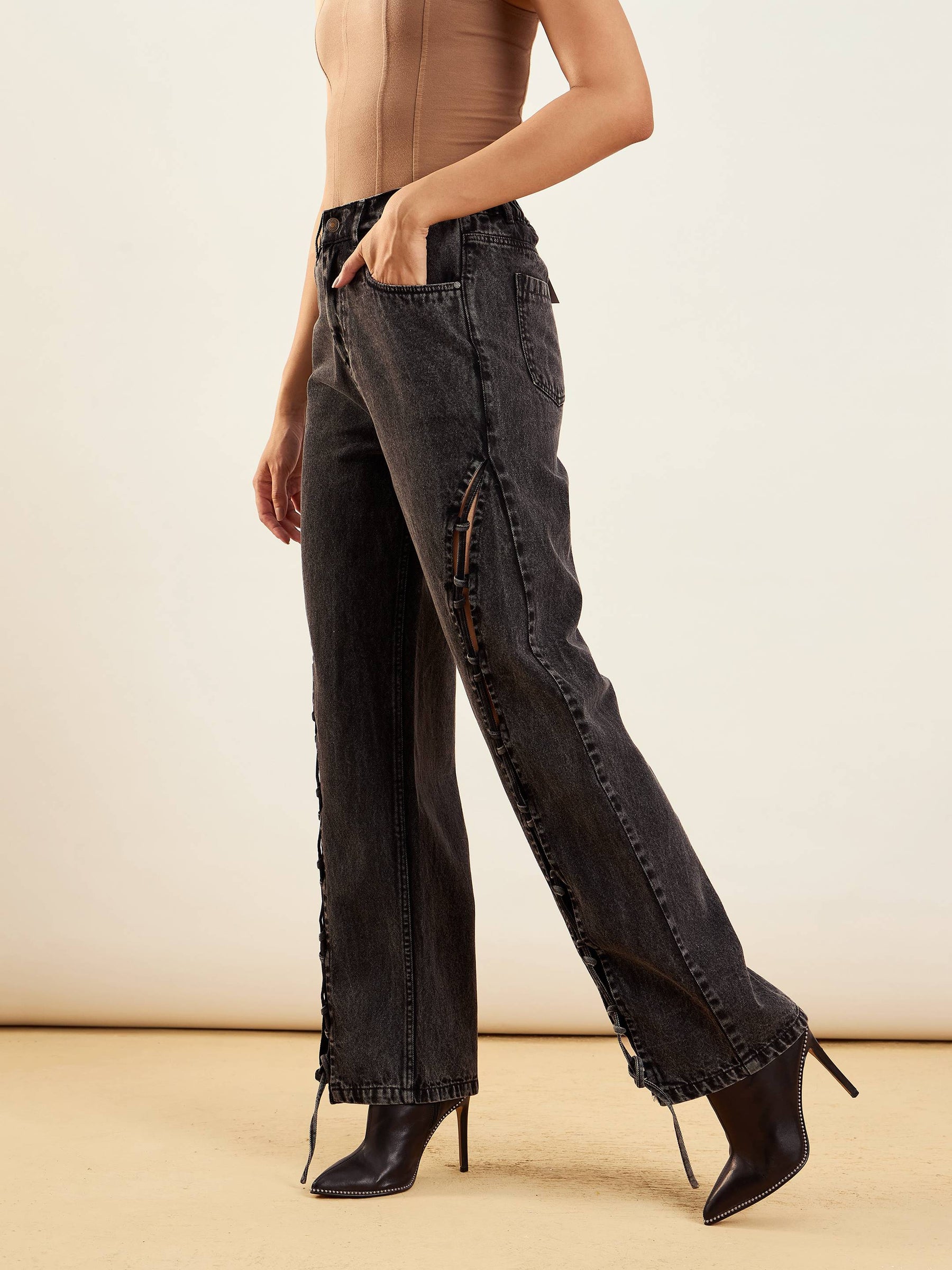 Black Washed Dori Insert Detail Straight Fit Jeans -SASSAFRAS