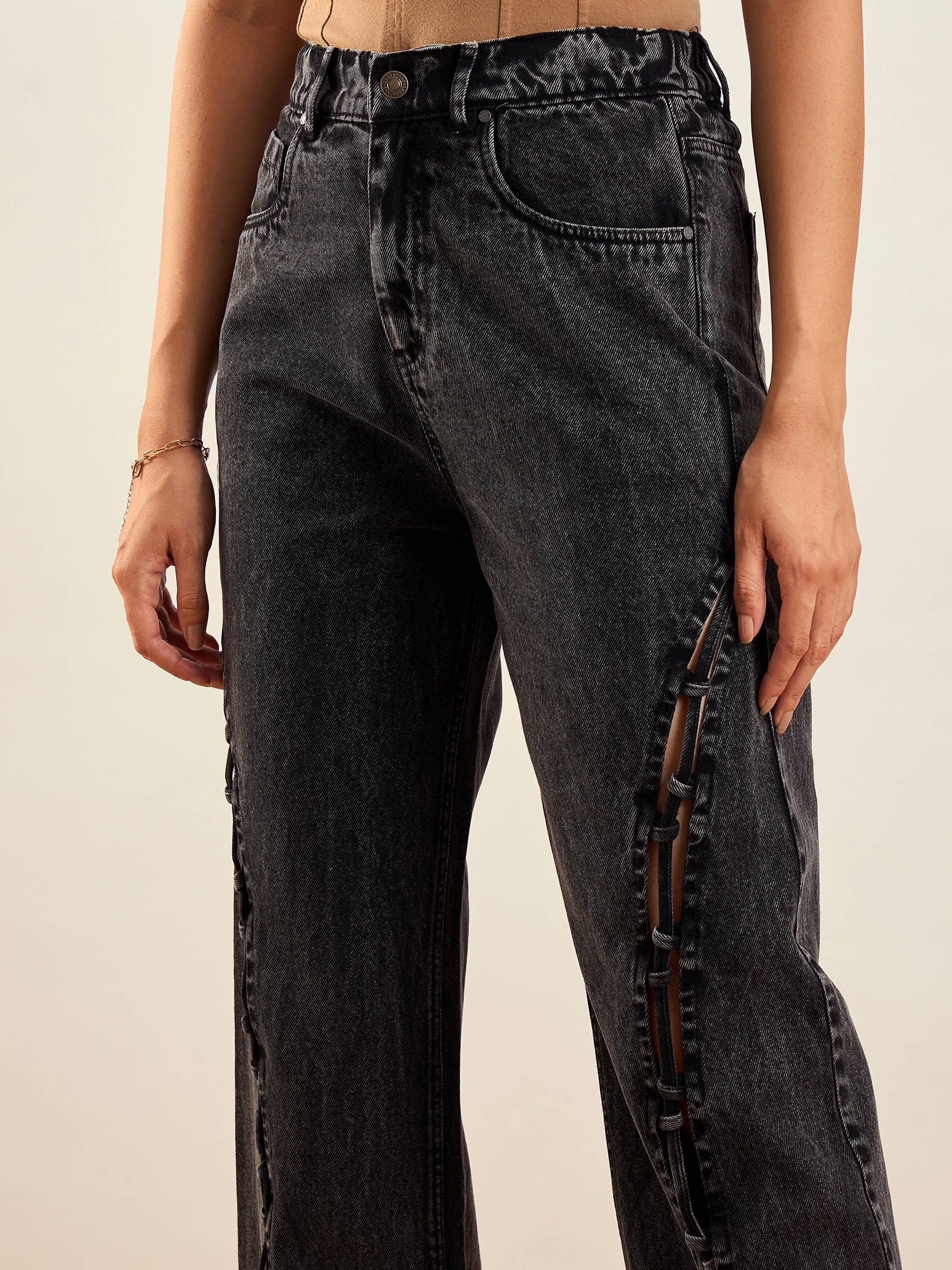 Black Washed Dori Insert Detail Straight Fit Jeans -SASSAFRAS