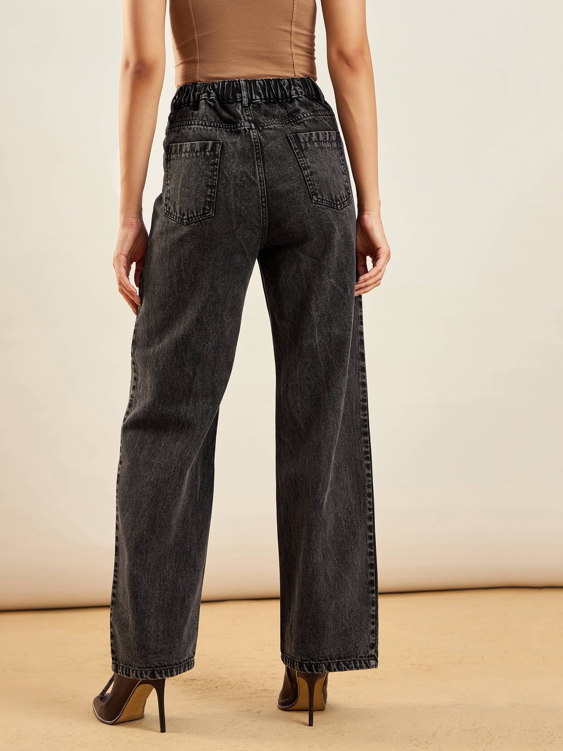 Black Washed Dori Insert Detail Straight Fit Jeans -SASSAFRAS