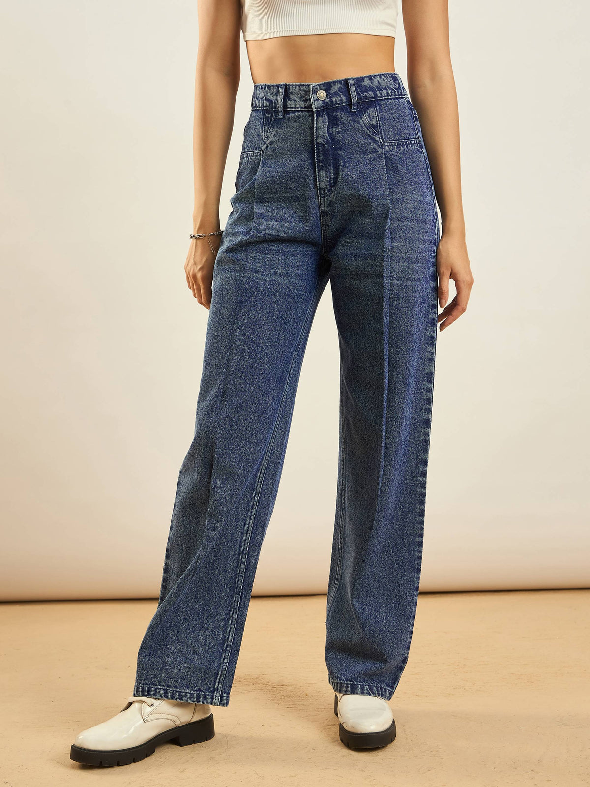 Blue Washed Front Darted Straight Fit Jeans -SASSAFRAS