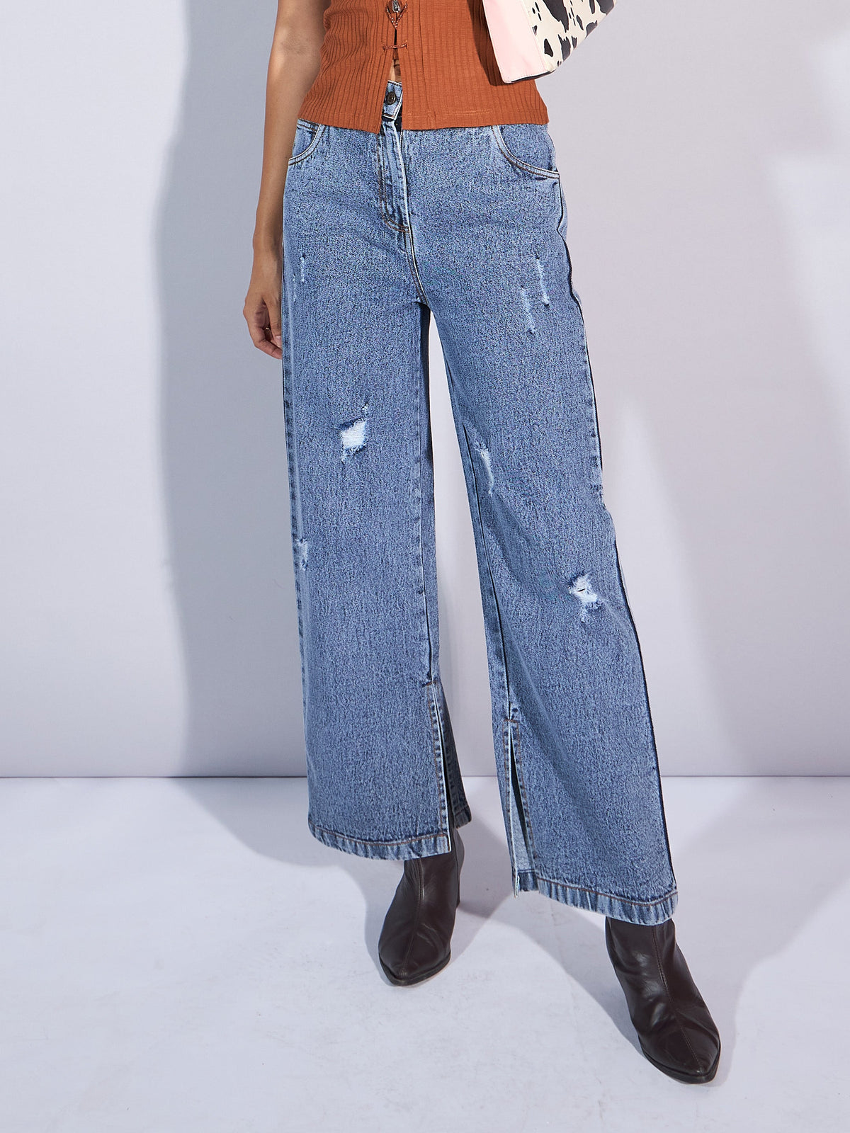 Light Blue Distress Straight Jeans -SASSAFRAS