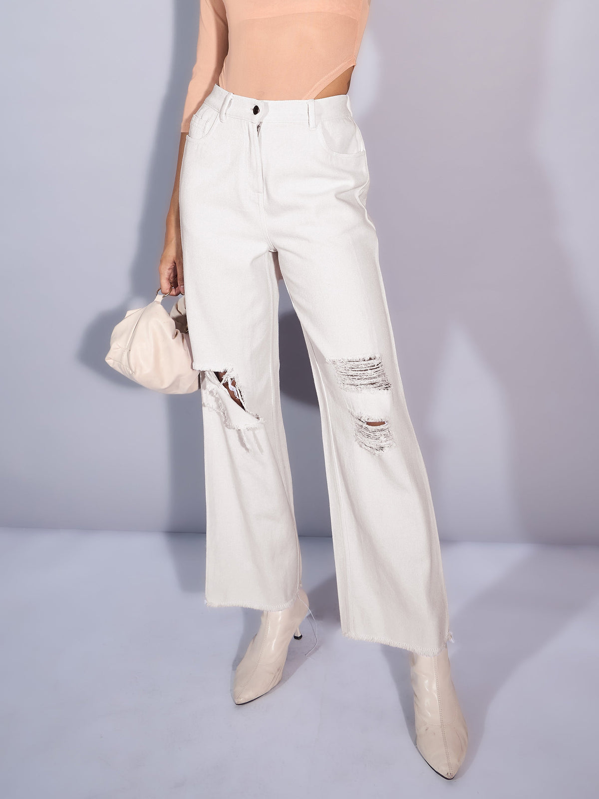 White Twill Distress Frayed Hem Jeans-SASSAFRAS