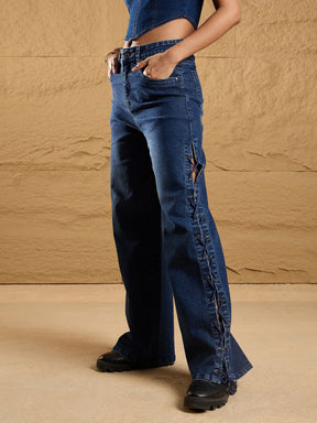 Blue Washed Side Dori Straight Fit Jeans-SASSAFRAS