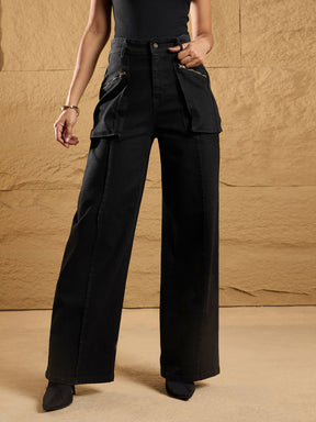 Black High Rise Straight Fit Jeans-SASSAFRAS