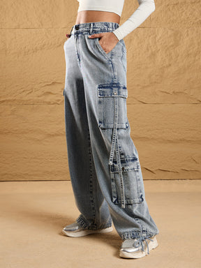 Women Blue Acid Wash Side Pockets Cargo Jeans