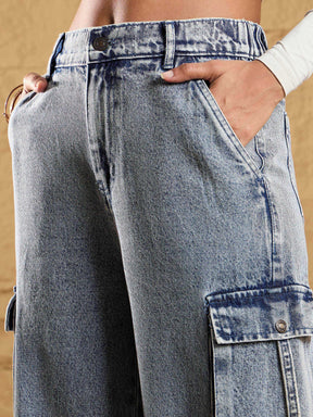 Women Blue Acid Wash Side Pockets Cargo Jeans