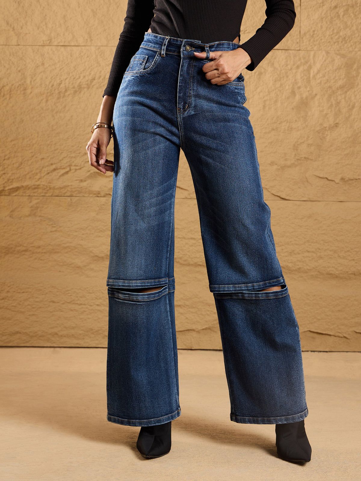 Blue Wash Knee Slit Straight Fit Jeans-SASSAFRAS