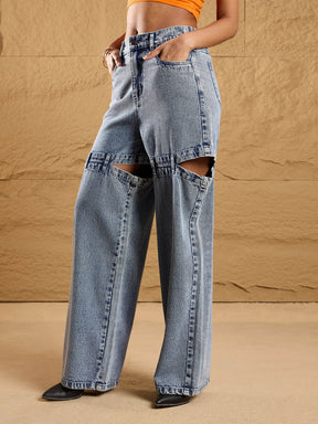 Blue Acid Wash Thigh Cut-Out Straight Fit Jeans-SASSAFRAS