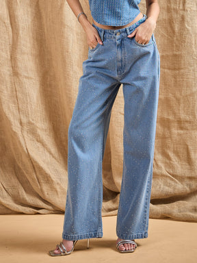 Blue Washed Stud Work Straight Fit Jeans-SASSAFRAS