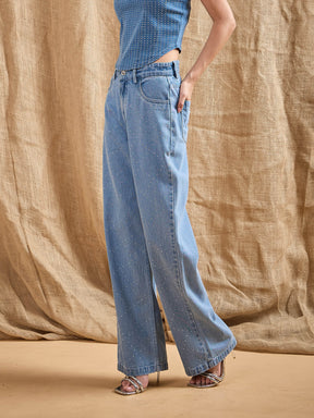 Blue Washed Stud Work Straight Fit Jeans-SASSAFRAS