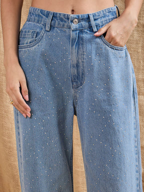 Blue Washed Stud Work Straight Fit Jeans-SASSAFRAS