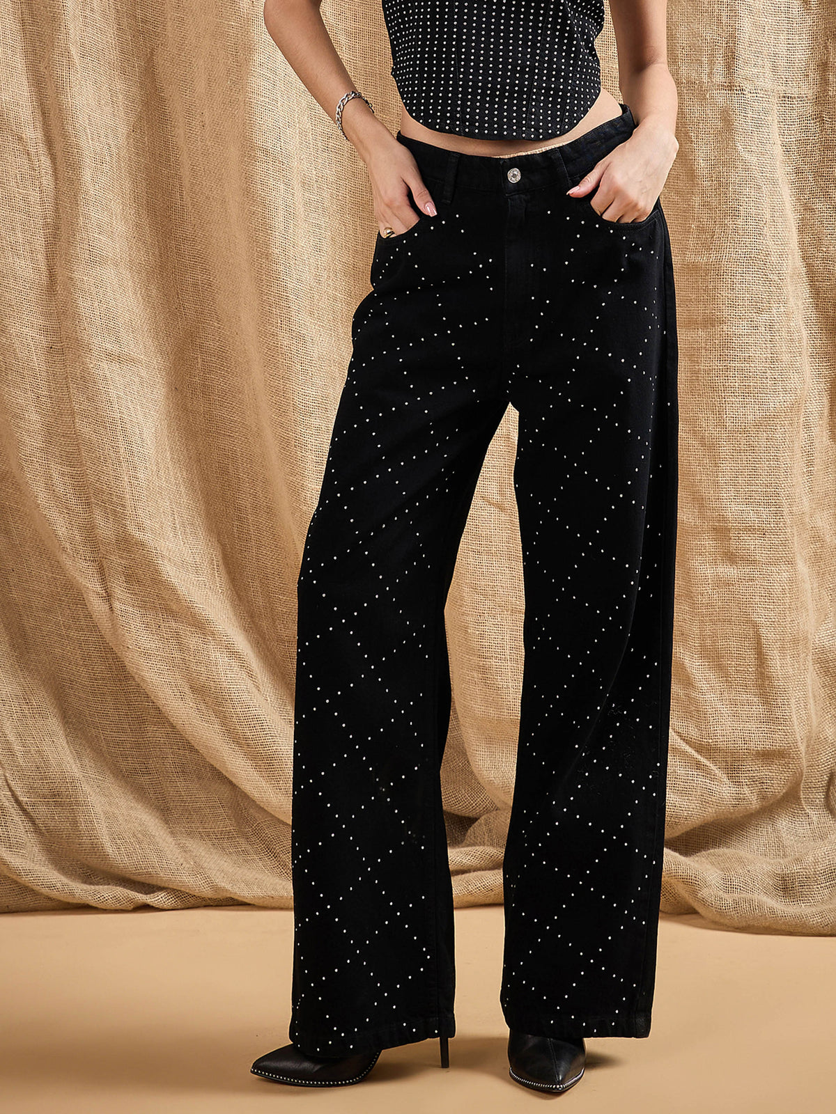 Black Stud Work Straight Fit Jeans-SASSAFRAS