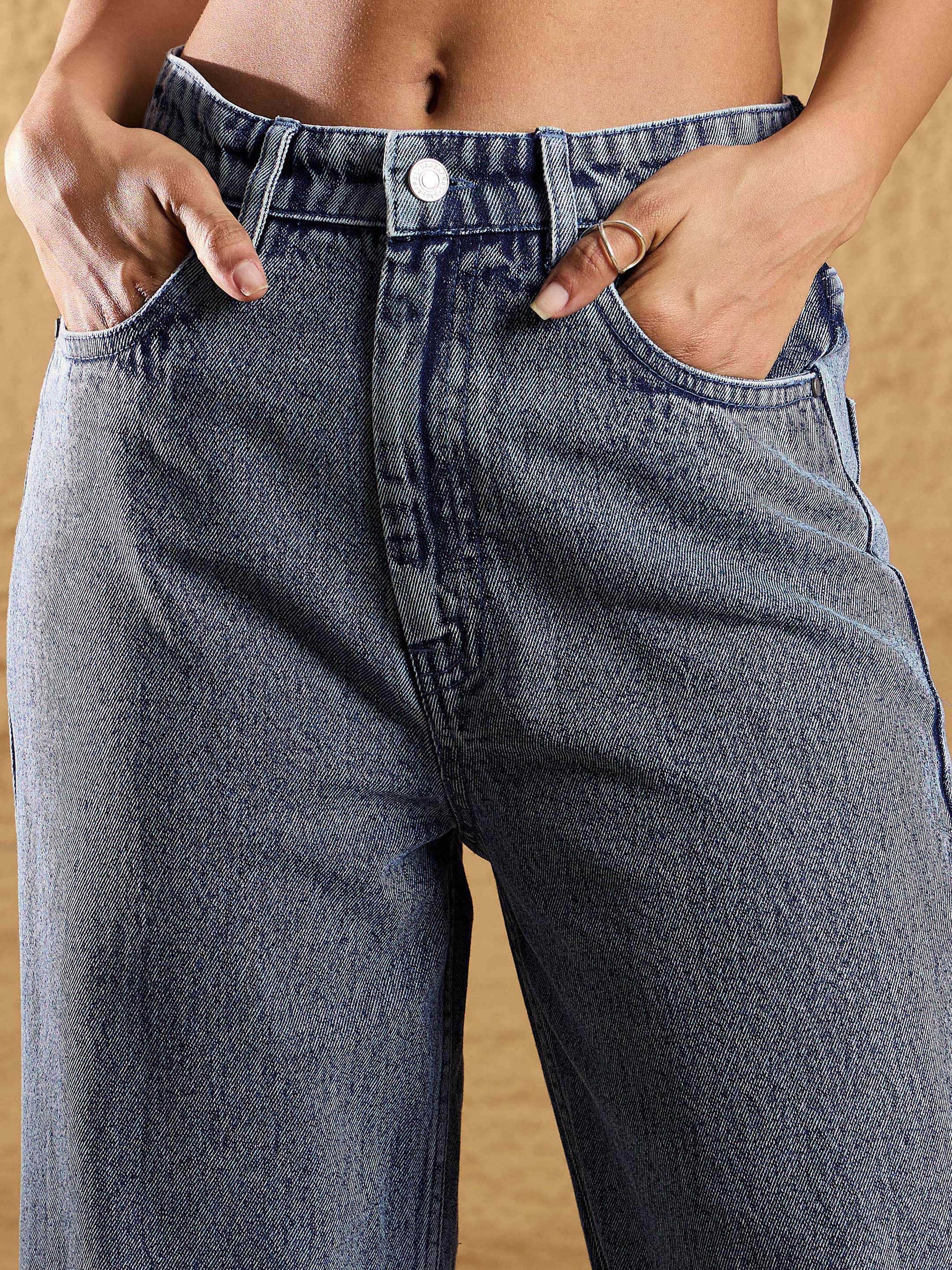 Blue Washed Eyelet Detail Straight Fit Jeans-SASSAFRAS