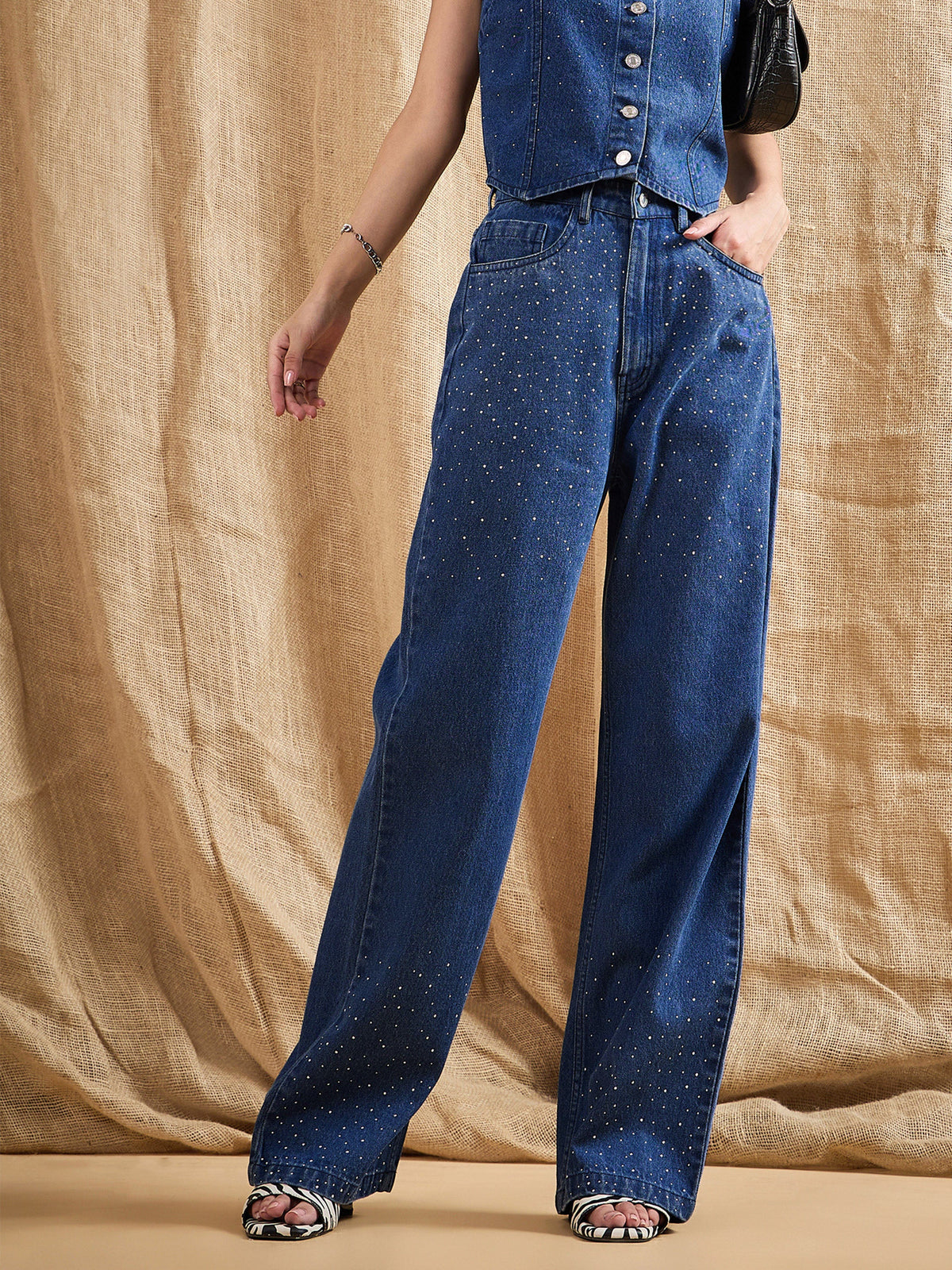 Blue Washed Front Studded Straight Fit Jeans-SASSAFRAS