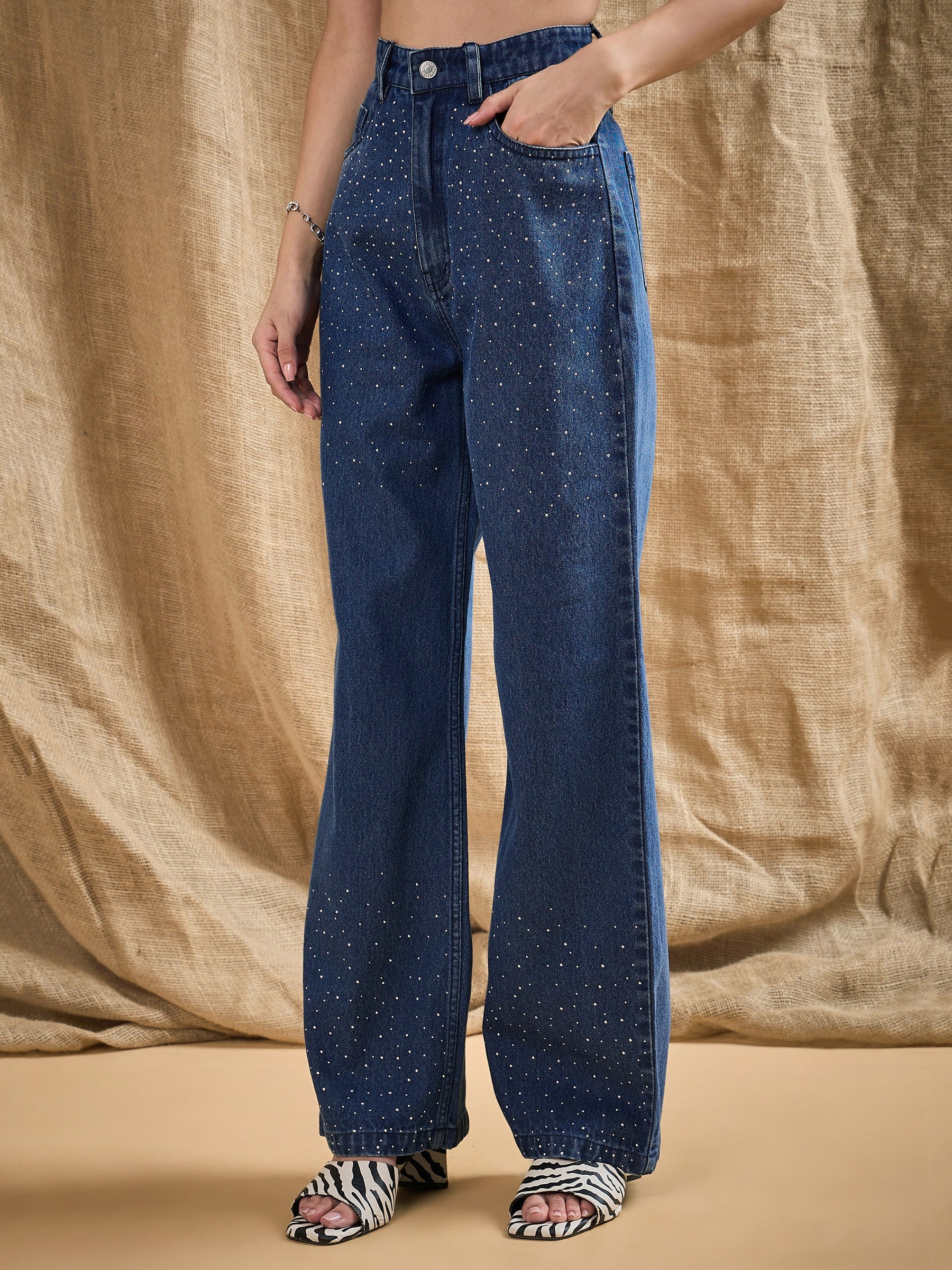 Blue Washed Front Studded Straight Fit Jeans-SASSAFRAS