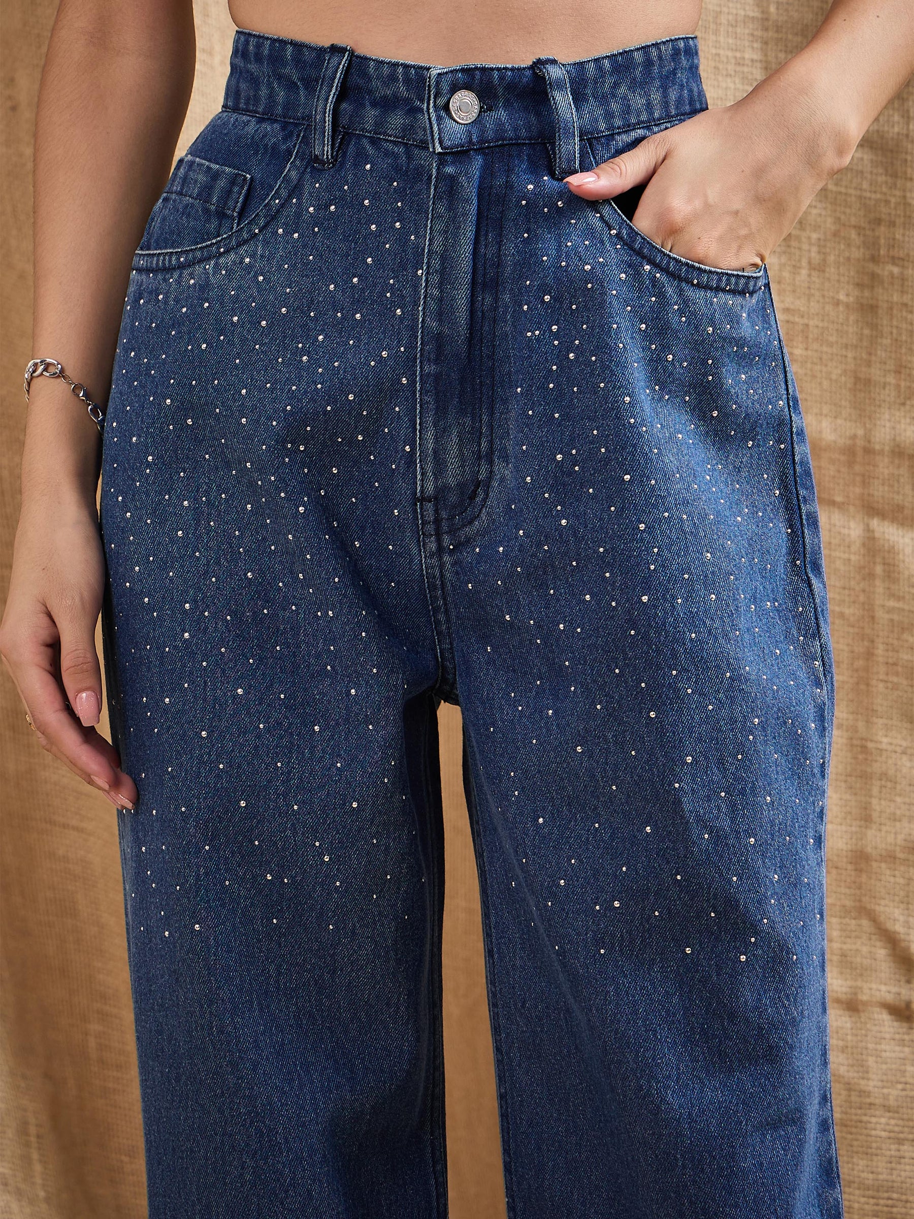 Blue Washed Front Studded Straight Fit Jeans-SASSAFRAS