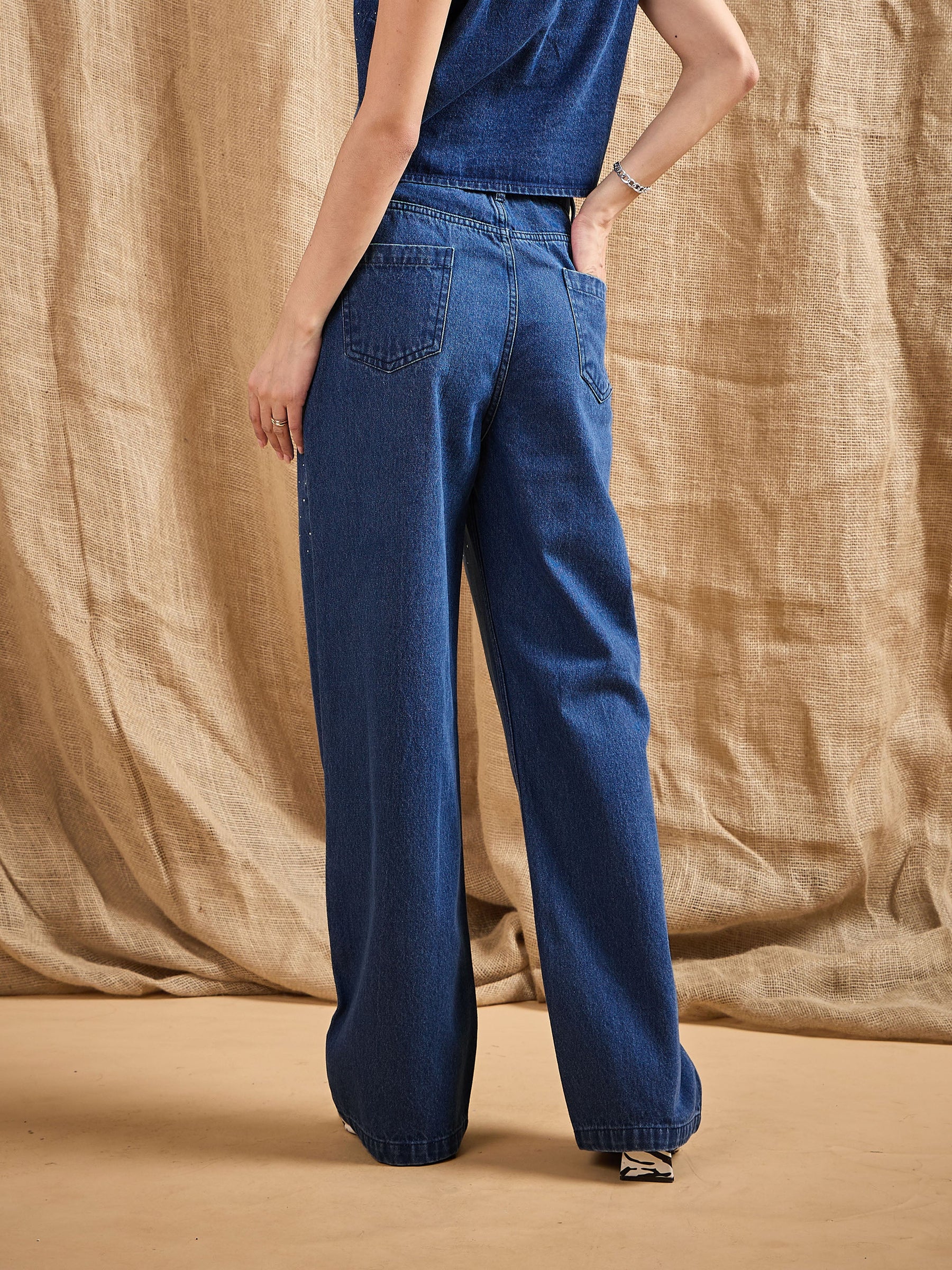 Blue Washed Front Studded Straight Fit Jeans-SASSAFRAS