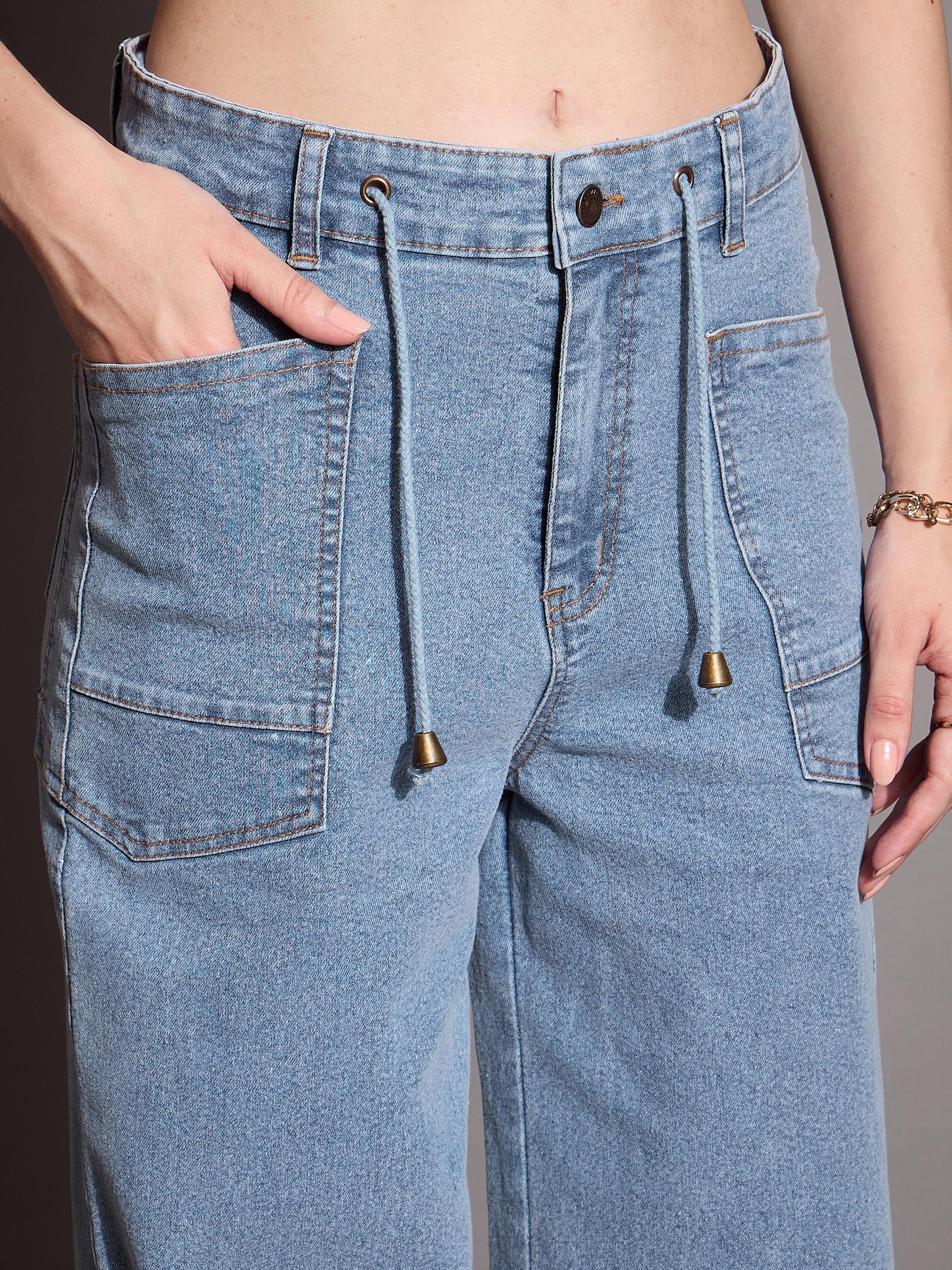 Blue Patched Pocket Straight Jeans -SASSAFRAS BASICS