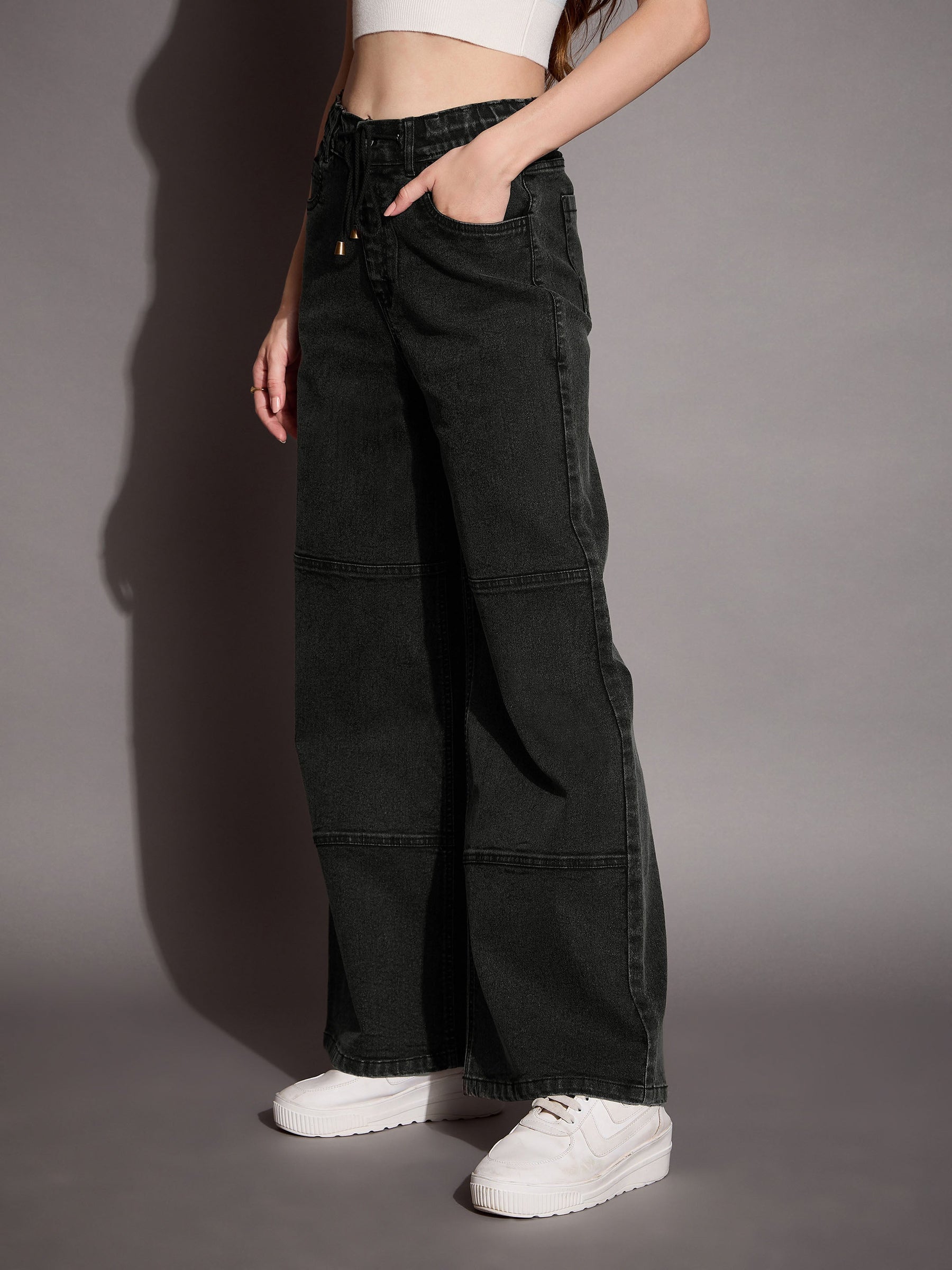 Black Wash Straight Fit Drawstring Jeans -SASSAFRAS BASICS