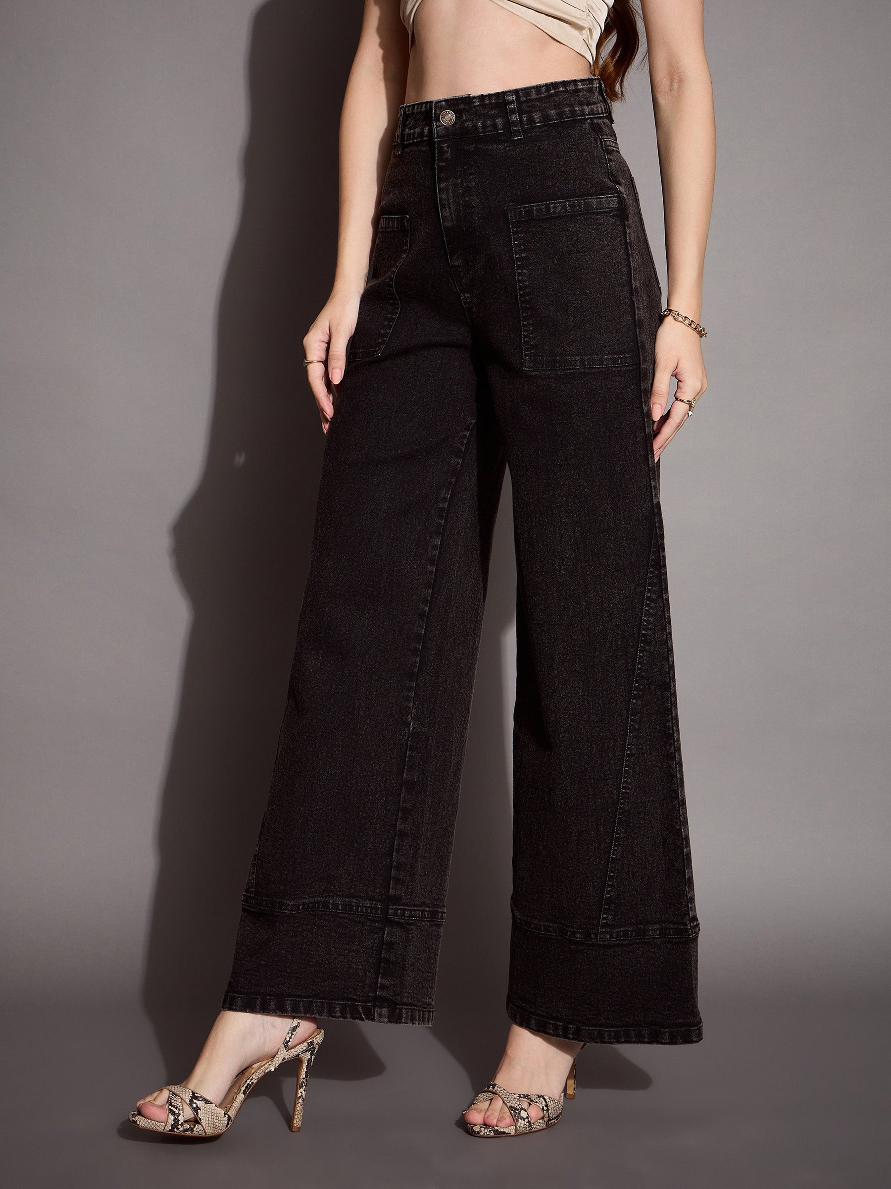 Black Wash Patch Pocket Wide Leg Jeans -SASSAFRAS BASICS