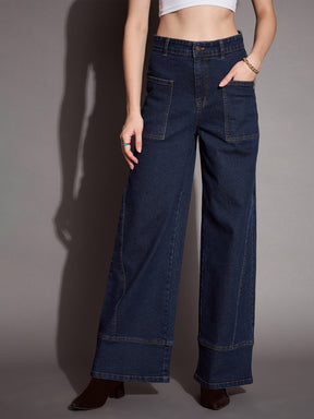 Blue Blast Patch Pocket Wide Leg Jeans -SASSAFRAS BASICS