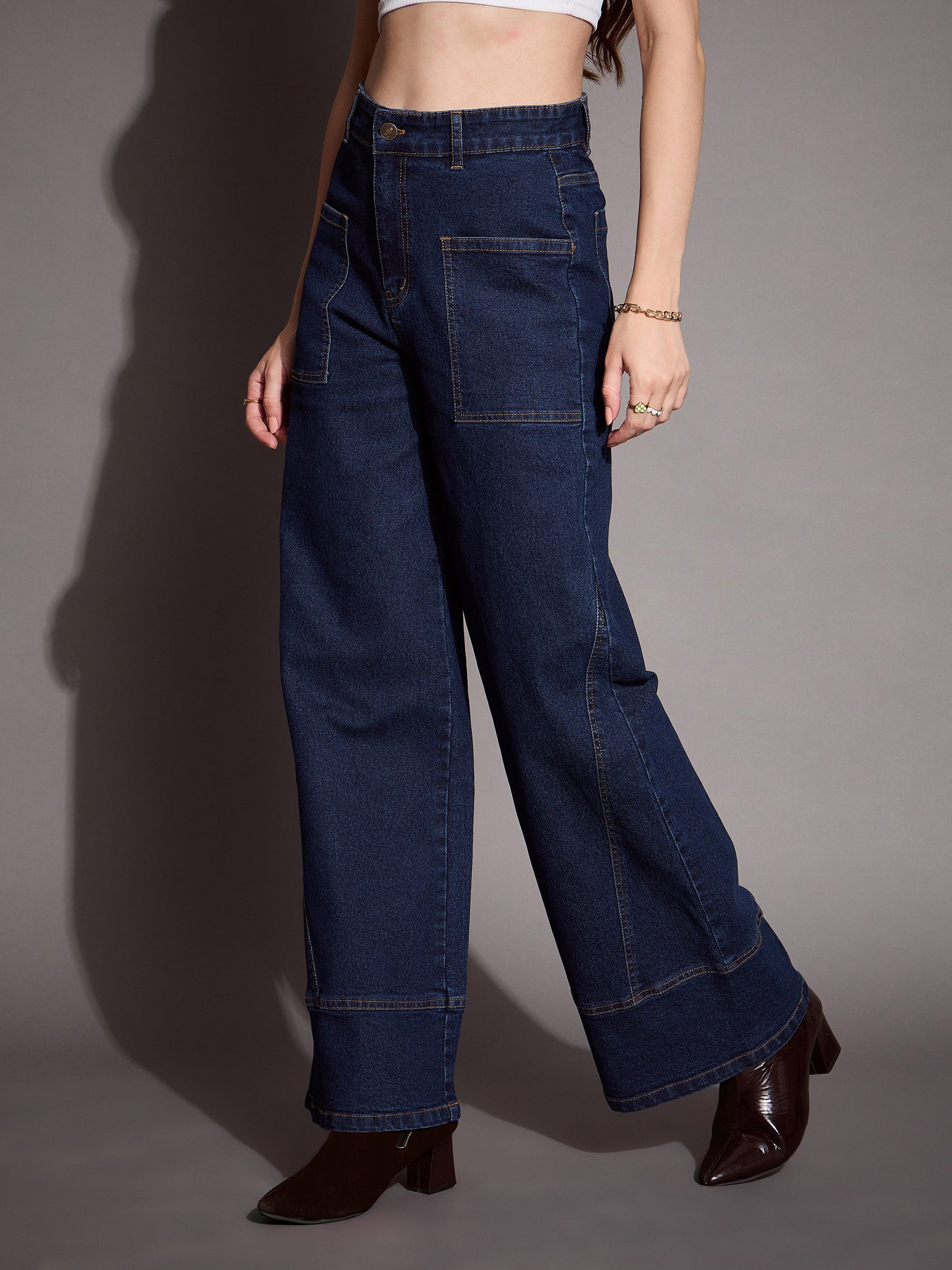 Blue Blast Patch Pocket Wide Leg Jeans -SASSAFRAS BASICS