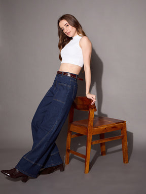 Blue Blast Patch Pocket Wide Leg Jeans -SASSAFRAS BASICS