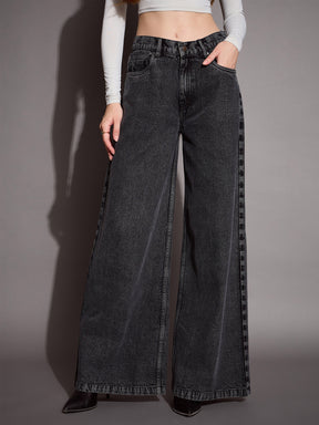 Black Low Waist Wide Leg Jeans -SASSAFRAS BASICS