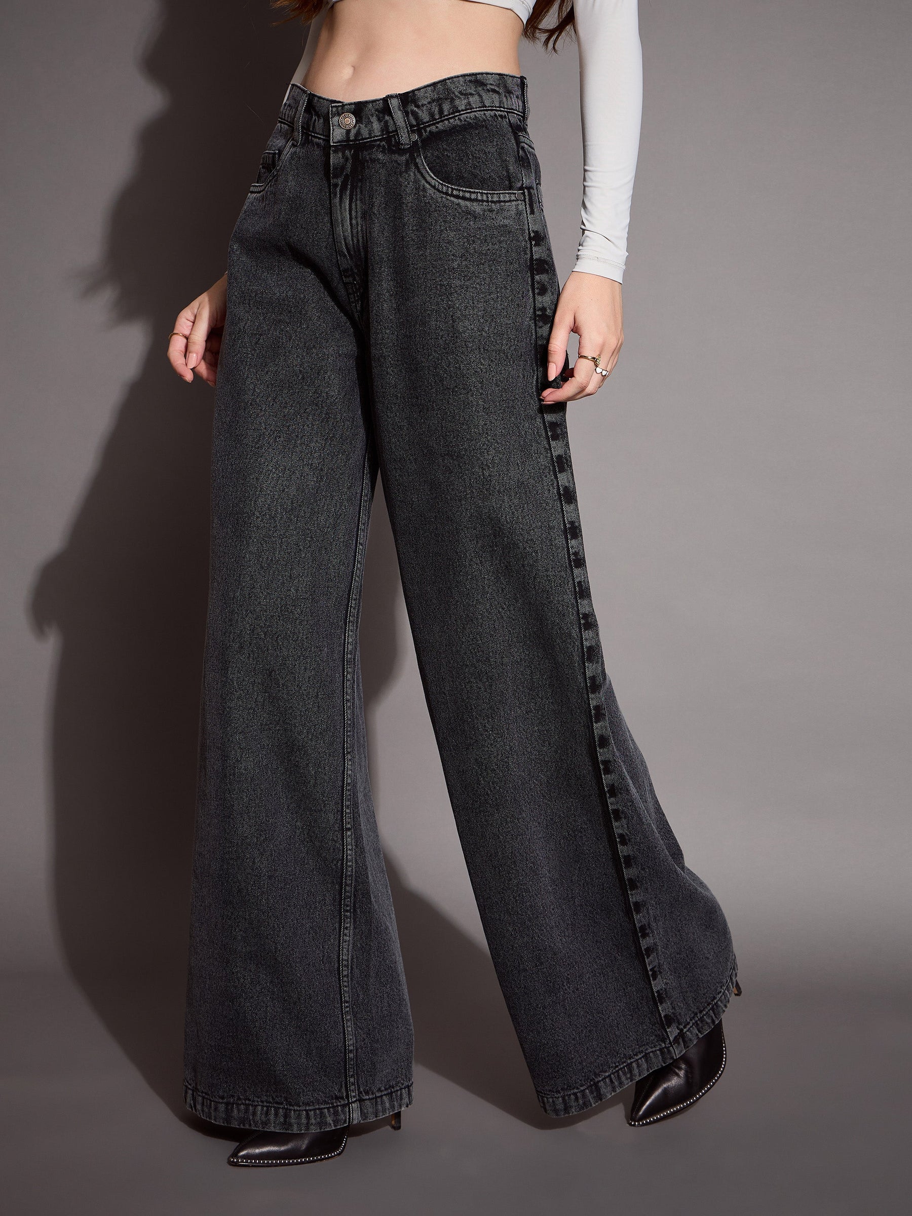 Black Low Waist Wide Leg Jeans -SASSAFRAS BASICS