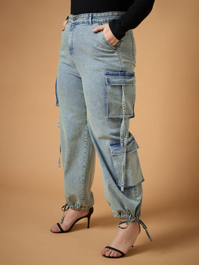 Blue Acid Wash Side Pocket Straight Fit Jeans-SASSAFRAS Curve