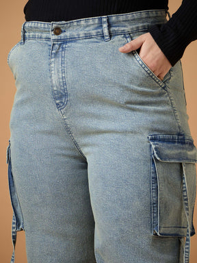 Blue Acid Wash Side Pocket Straight Fit Jeans-SASSAFRAS Curve