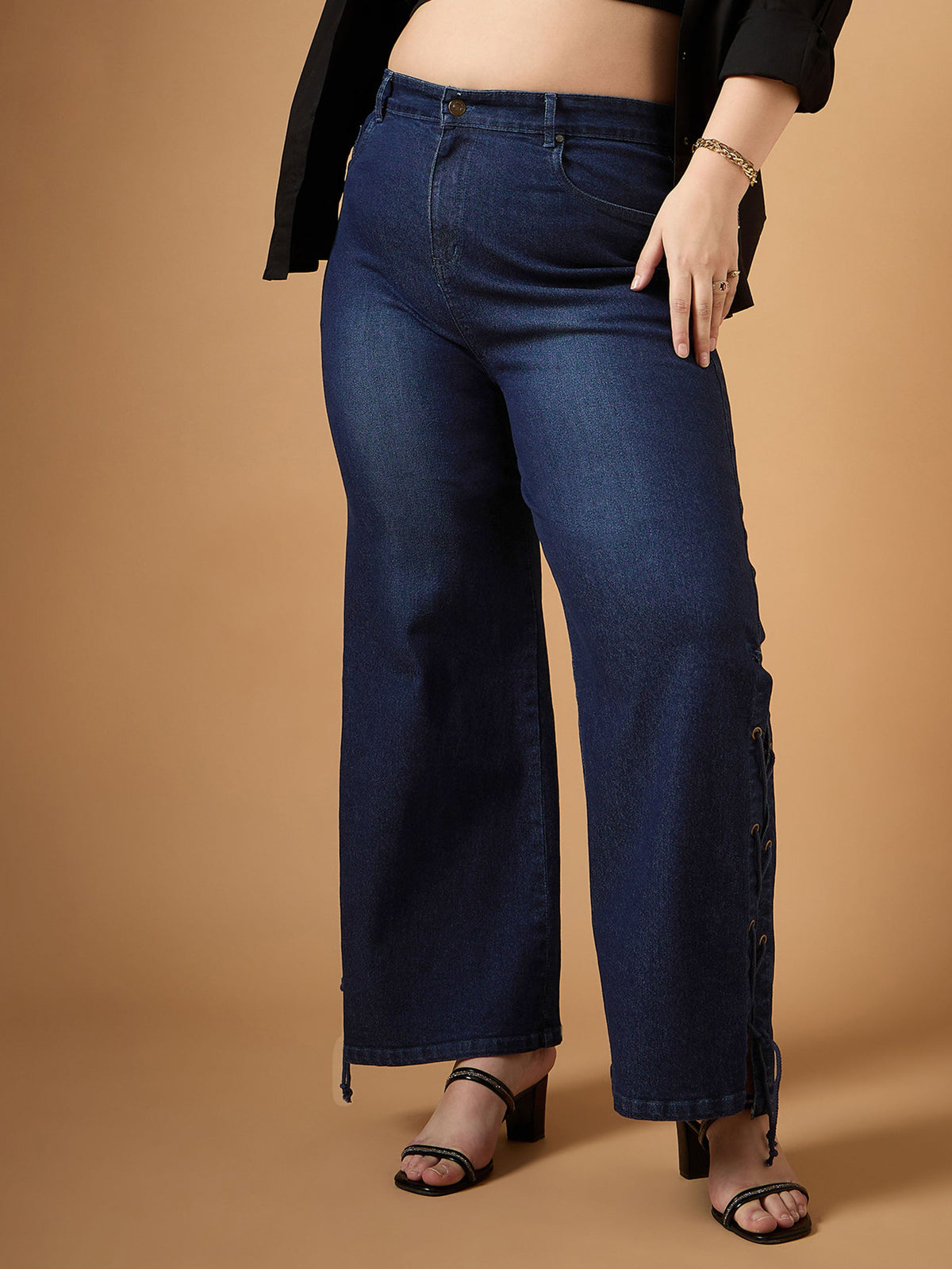 Blue Wash Side Knot Straight Fit Jeans-SASSAFRAS Curve