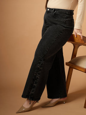 Black Wash Side Knot Straight Fit Jeans-SASSAFRAS Curve