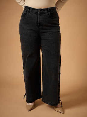 Black Wash Side Knot Straight Fit Jeans-SASSAFRAS Curve