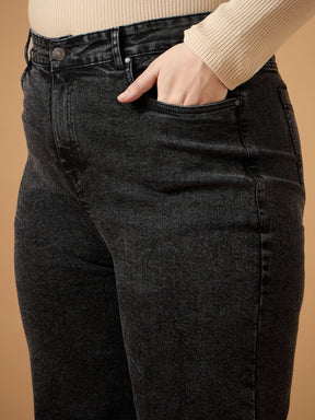 Black Wash Side Knot Straight Fit Jeans-SASSAFRAS Curve