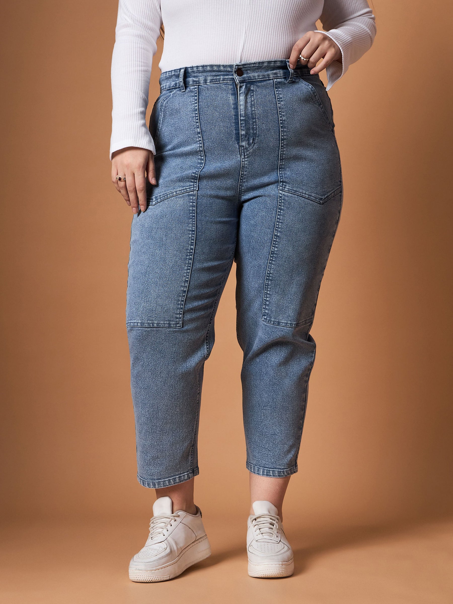 Ice Blue Denim Balloon Fit Jeans-SASSAFRAS Curve