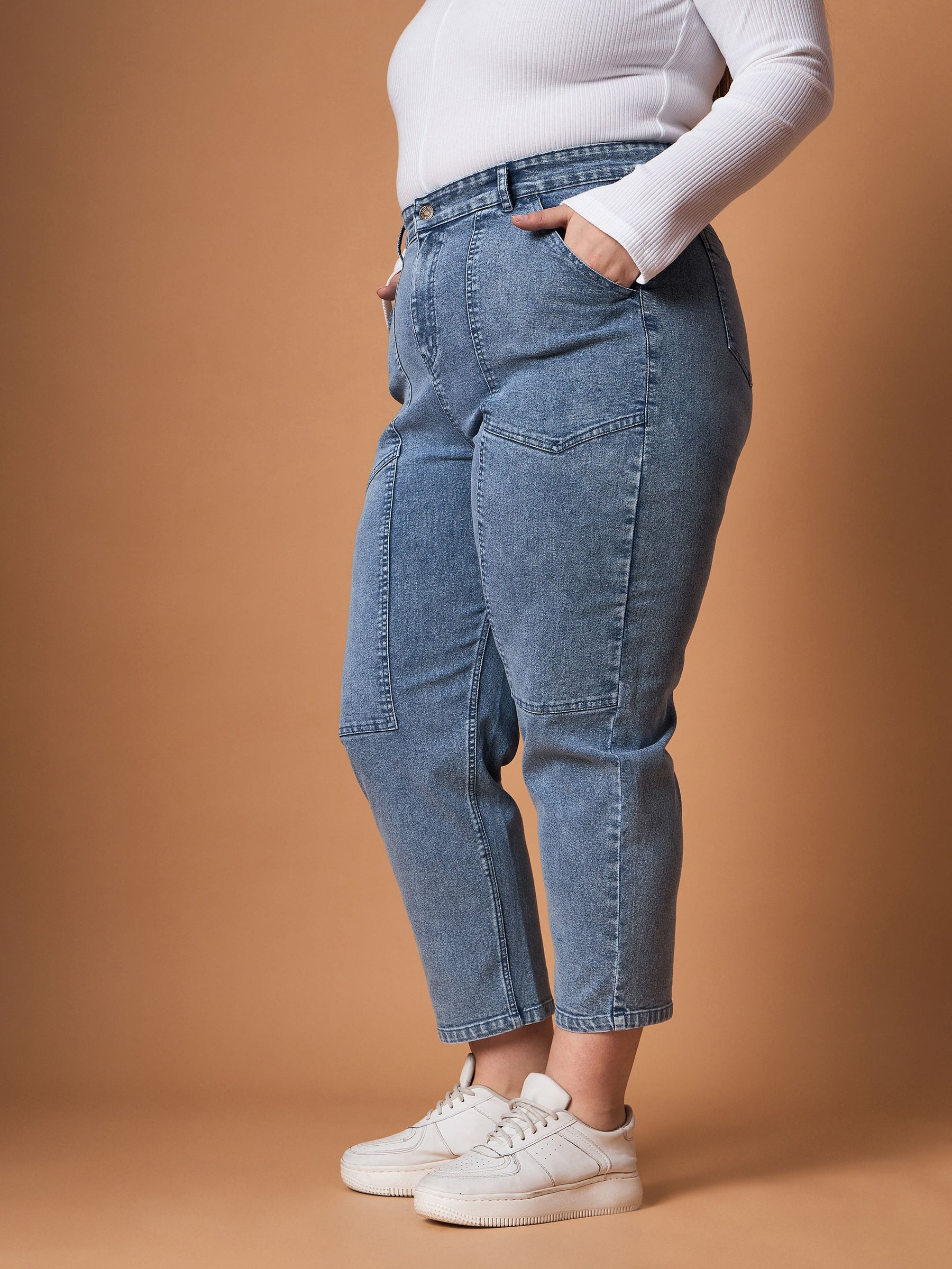 Ice Blue Denim Balloon Fit Jeans-SASSAFRAS Curve