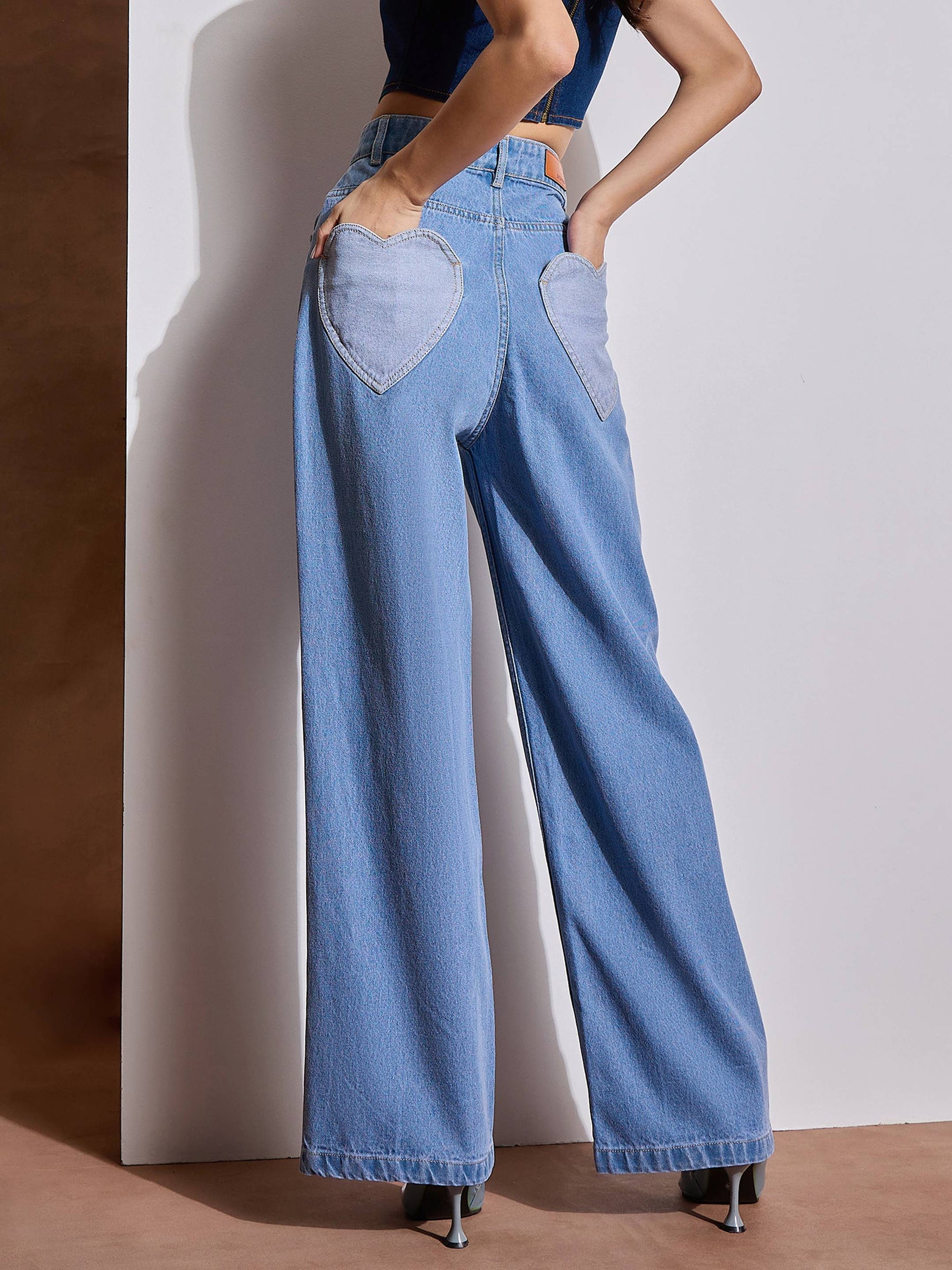 Ice Blue Heart Pockets Straight Jeans-SASSAFRAS