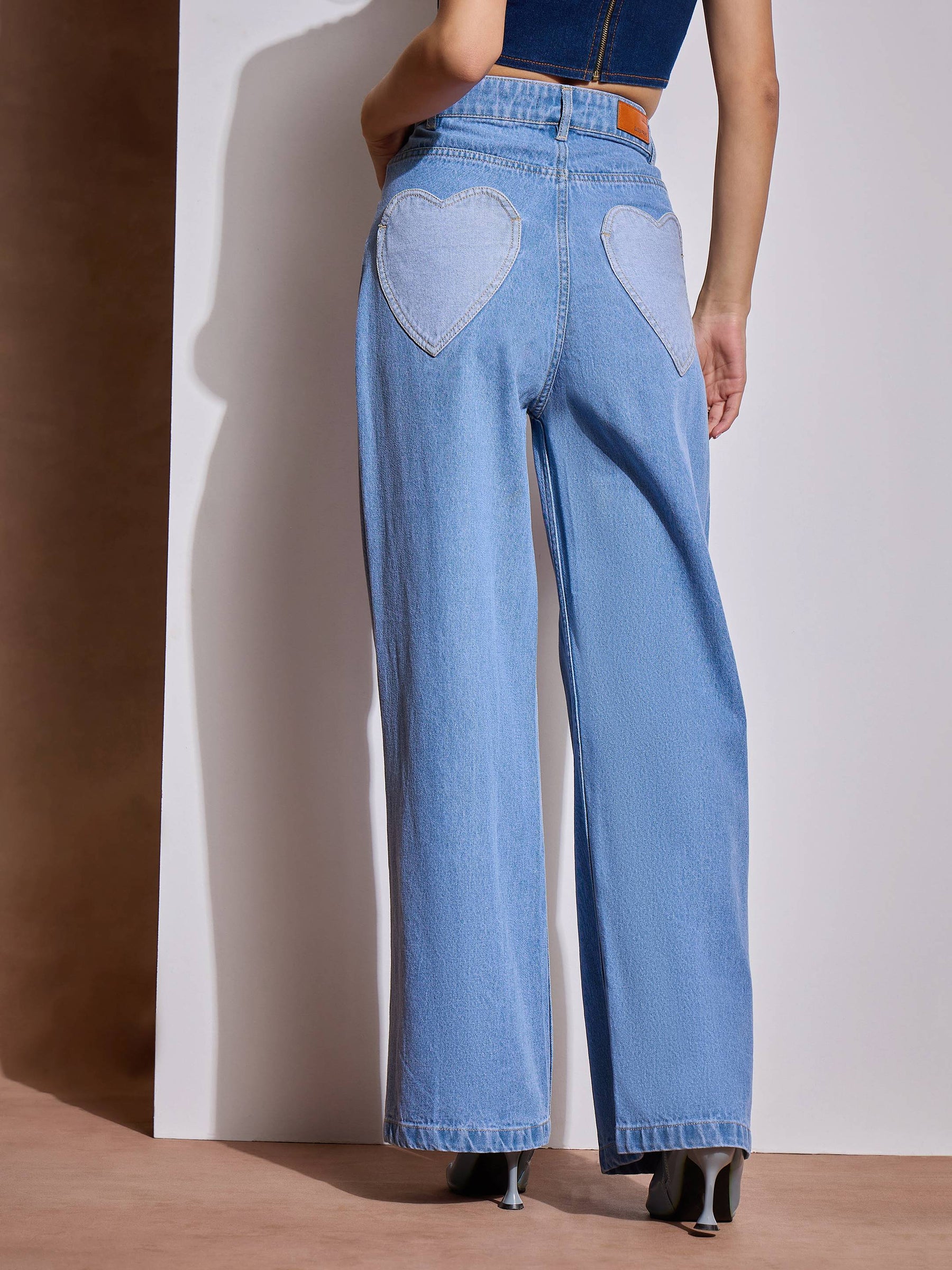 Ice Blue Heart Pockets Straight Jeans-SASSAFRAS