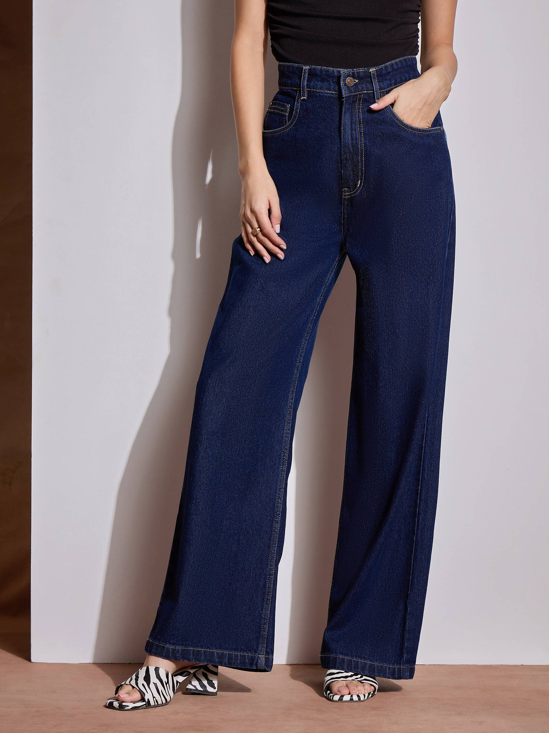 Navy Blue Heart Pockets Straight Jeans-SASSAFRAS