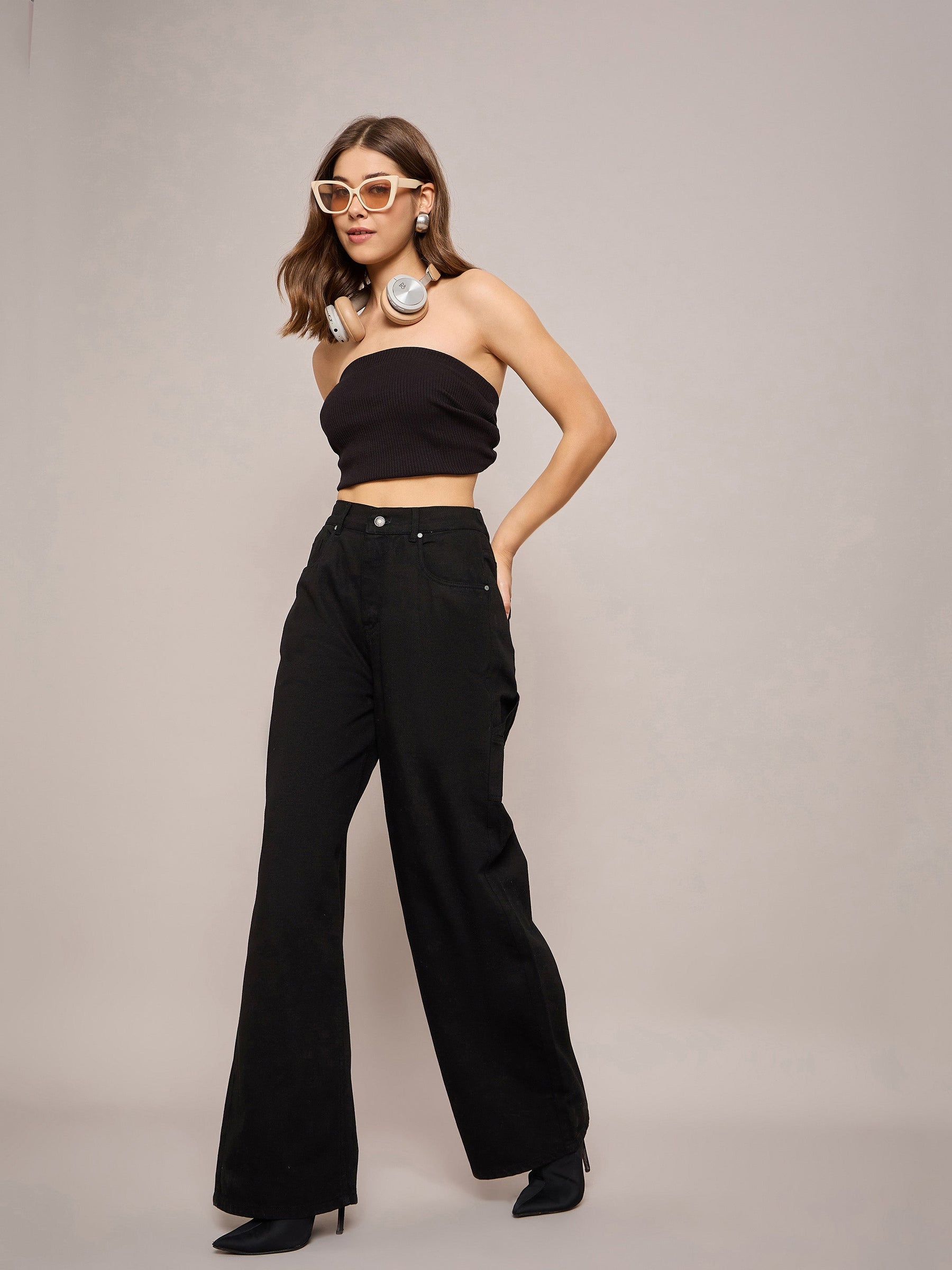 Black Elasticated High Waist Back Pocket Jeans-SASSAFRAS BASICS