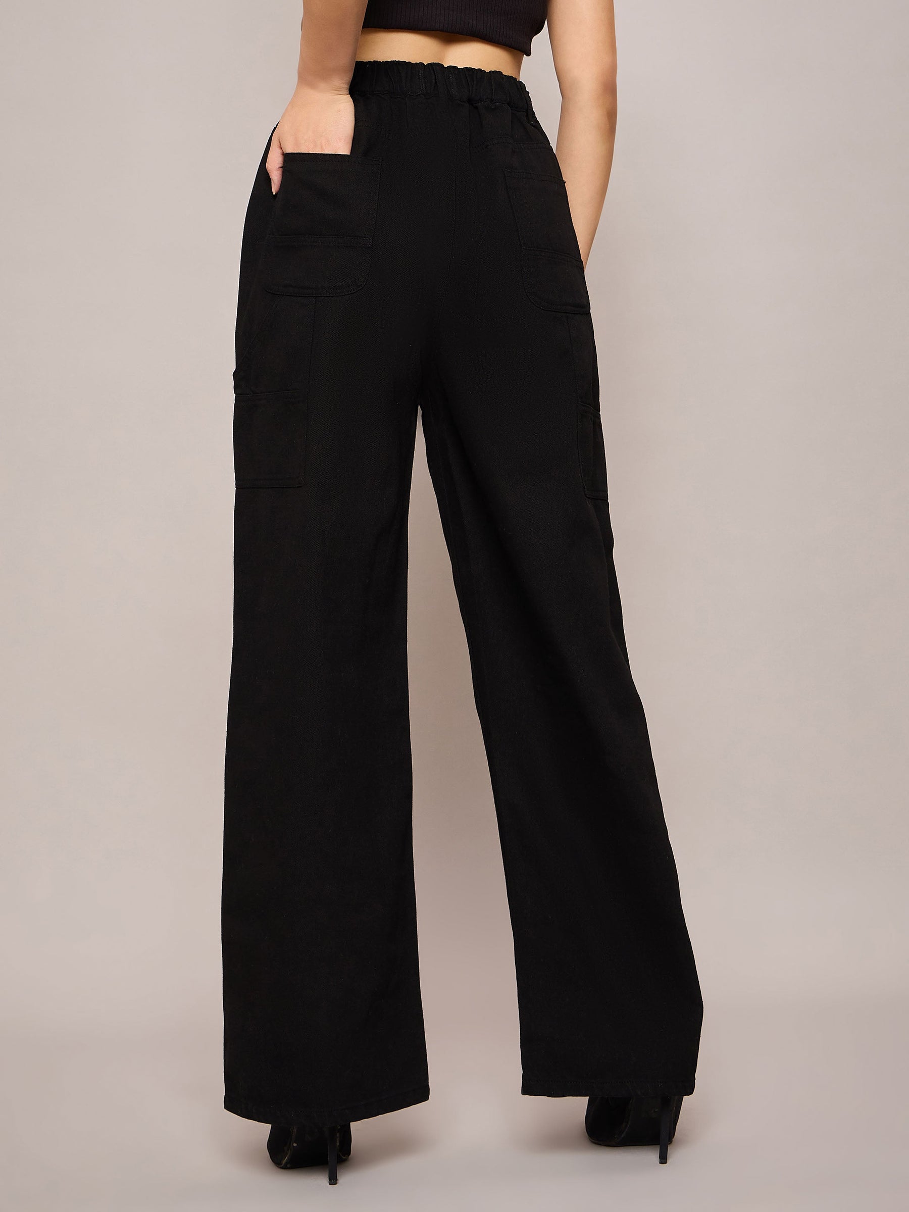 Black Elasticated High Waist Back Pocket Jeans-SASSAFRAS BASICS