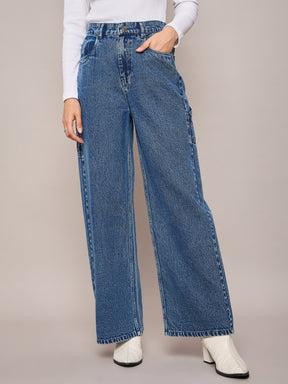 Blue Elasticated High Waist Back Pocket Jeans-SASSAFRAS BASICS