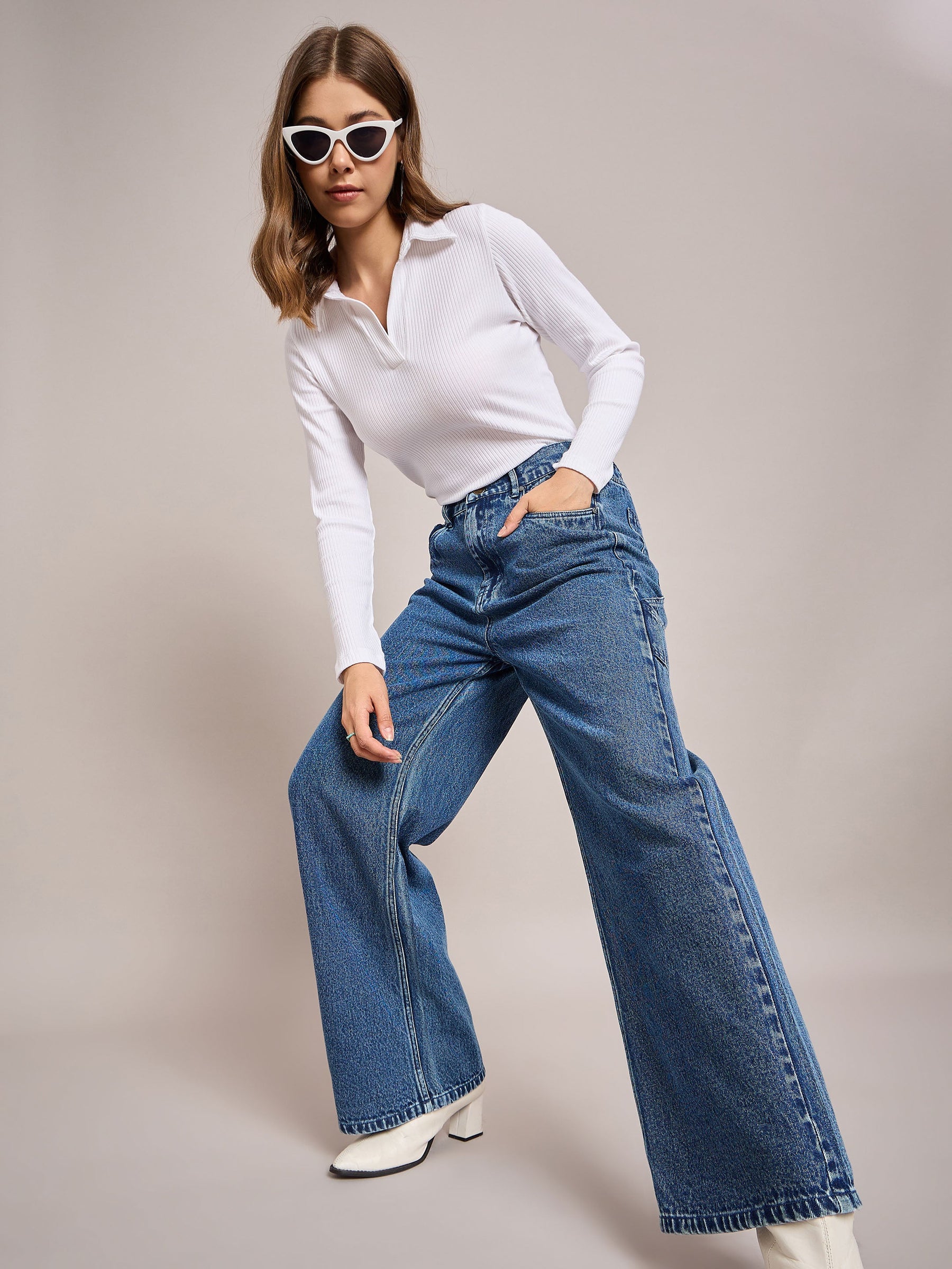 Blue Elasticated High Waist Back Pocket Jeans-SASSAFRAS BASICS