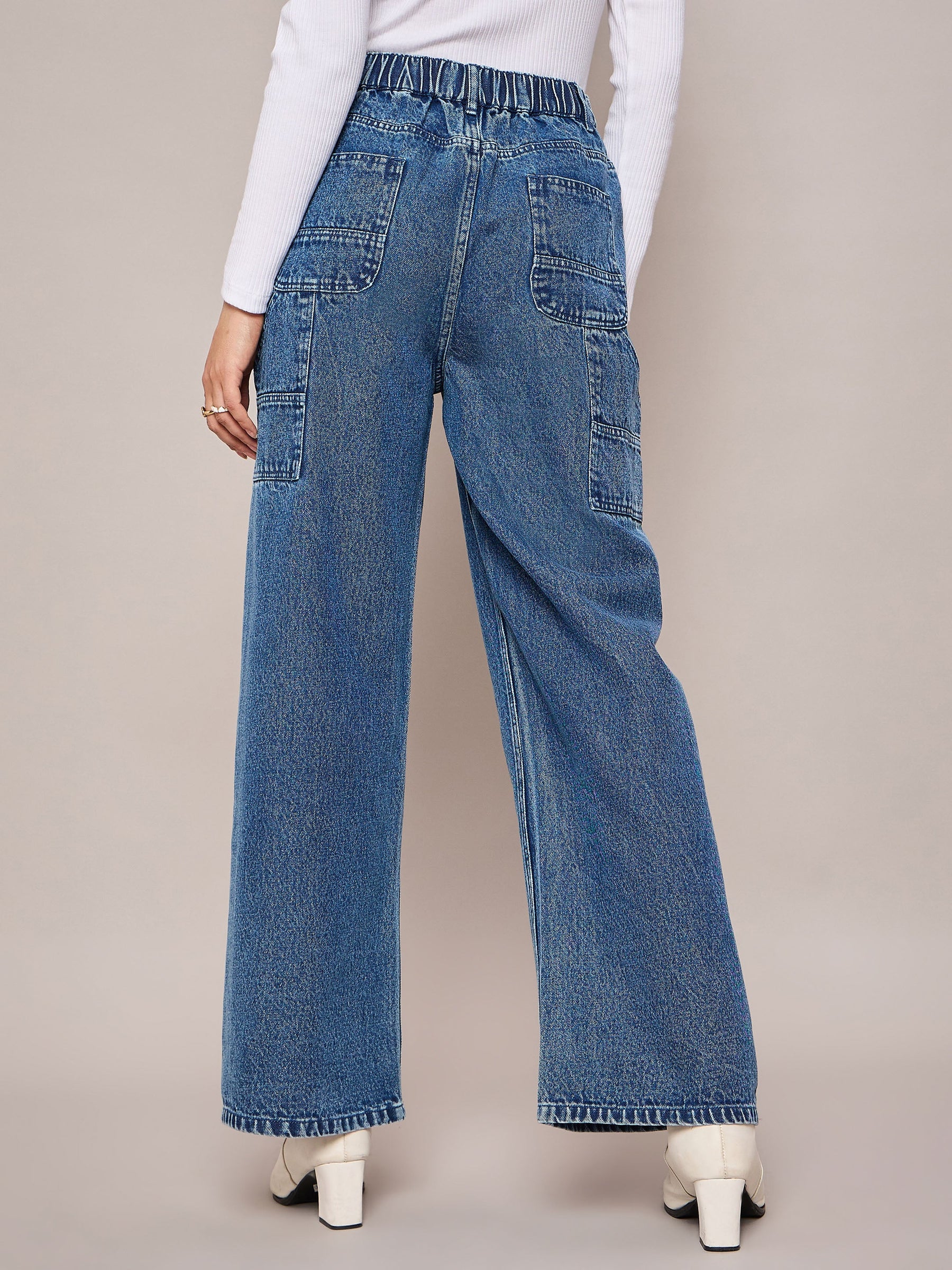 Blue Elasticated High Waist Back Pocket Jeans-SASSAFRAS BASICS