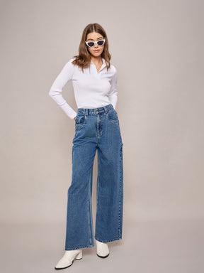 Blue Elasticated High Waist Back Pocket Jeans-SASSAFRAS BASICS