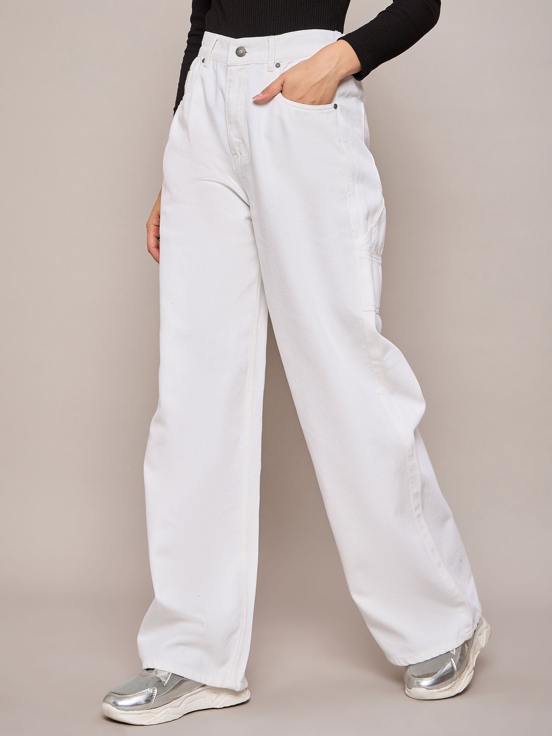 White Elasticated High Waist Back Pocket Jeans-SASSAFRAS BASICS